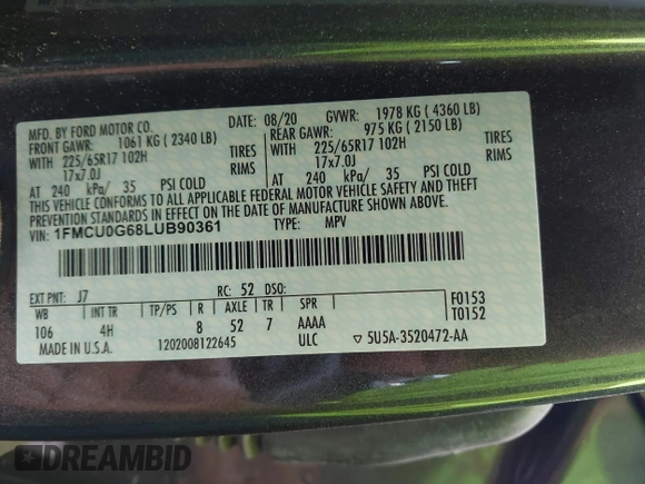2020 Ford Escape SE with VIN 1FMCU0G68LUB90361, listed as a IAAI auction lot 42006670 with 49,687 mi miles and . Bid and sale history available at DreamBid. Image 9.