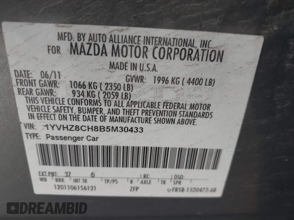 2011 Mazda 6 i Touring with VIN 1YVHZ8CH8B5M30433, listed as a IAAI auction lot 42297382 with 261,637 mi miles and . Bid and sale history available at DreamBid. Image 9.