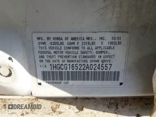 2002 Honda Accord EX z VIN 1HGCG16522A024557, wystawiony jako IAAI lot #41525344 z przebiegiem 219 786 mil mil oraz . Historia ofert i sprzedaży dostępna na DreamBid. Obrazek 9.