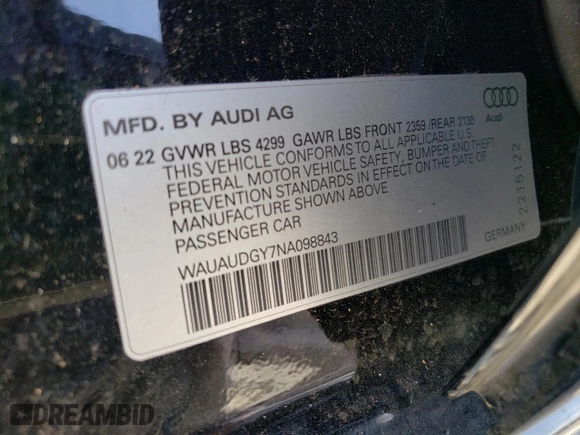 2022 Audi A3 Premium with VIN WAUAUDGY7NA098843, listed as a Copart auction lot 66575893 with 5,701 mi miles. Bid and sale history available at carsss.com. Image 12.