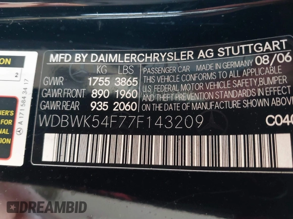 2007 Mercedes-Benz SLK 280 with VIN WDBWK54F77F143209, listed as a IAAI auction lot 41253888 with 113,025 mi miles and . Bid and sale history available at DreamBid. Image 9.
