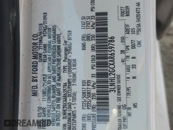 2010 Lincoln MKZ with VIN 3LNHL2GCXAR659786, listed as a Copart auction lot 55262825 with 90,788 mi miles and Salvage Title. Bid and sale history available at DreamBid. Image 12.