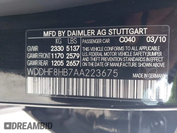 2010 Mercedes-Benz E 350 Luxury with VIN WDDHF8HB7AA223675, listed as a IAAI auction lot 42388604 with 100,667 mi miles and . Bid and sale history available at DreamBid. Image 9.