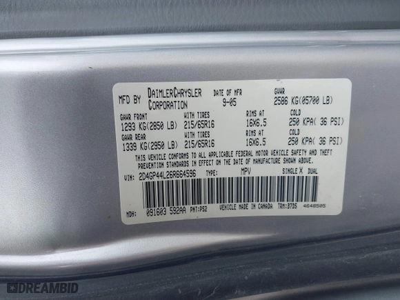 2006 Dodge Grand Caravan SXT with VIN 2D4GP44L26R664596, listed as a IAAI auction lot 41846643 with 235,554 mi miles. Bid and sale history available at carsss.com. Image 9.