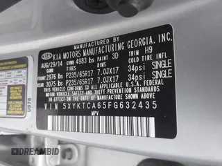 2015 Kia Sorento LX with VIN 5XYKTCA65FG632435, listed as a IAAI auction lot 41663787 with 126,722 mi miles. Bid and sale history available at carsss.com. Image 9.