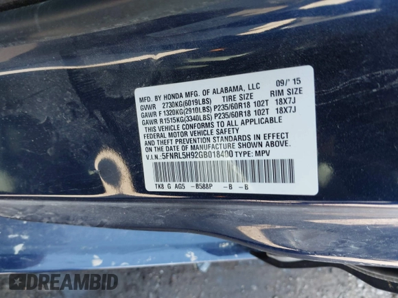 2016 Honda Odyssey Touring Elite with VIN 5FNRL5H92GB018400, listed as a IAAI auction lot 41786969 with 155,610 mi miles. Bid and sale history available at carsss.com. Image 9.