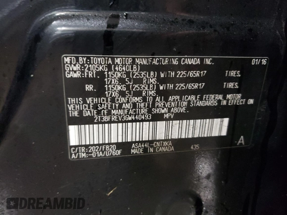 2016 Toyota RAV4 LE with VIN 2T3BFREV3GW440493, listed as a Copart auction lot 44507185 with 150,473 mi miles and Salvage Title. Bid and sale history available at DreamBid. Image 13.