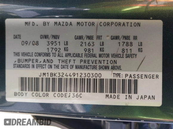 2009 Mazda 3 S Touring with VIN JM1BK324491230300, listed as a IAAI auction lot 41329831 with 166,212 mi miles and . Bid and sale history available at DreamBid. Image 9.