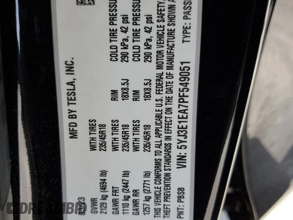 2023 Tesla Model 3 z VIN 5YJ3E1EA7PF549051, wystawiony jako Copart lot #58932765 z przebiegiem 8 800 mil mil oraz Szkoda całkowita • Salvage title. Historia ofert i sprzedaży dostępna na DreamBid. Obrazek 12.