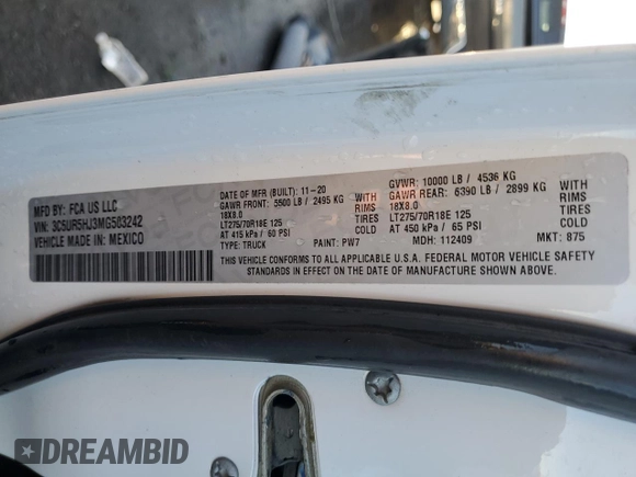 2021 Ram 2500 Tradesman with VIN 3C6UR5HJ3MG503242, listed as a Copart auction lot 43940955 with 0 mi miles and Non Repairable. Bid and sale history available at carsss.com. Image 12.
