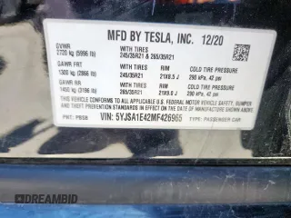 2021 Tesla Model S 75D with VIN 5YJSA1E42MF426965, listed as a Copart auction lot 63052185 with 50,405 mi miles and Salvage title. Bid and sale history available at DreamBid. Image 13.