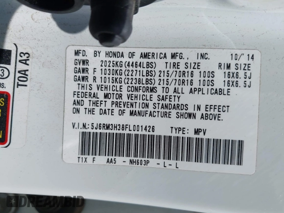 2015 Honda CR-V LX with VIN 5J6RM3H38FL001426, listed as a IAAI auction lot 42152168 with 185,657 mi miles and . Bid and sale history available at carsss.com. Image 9.