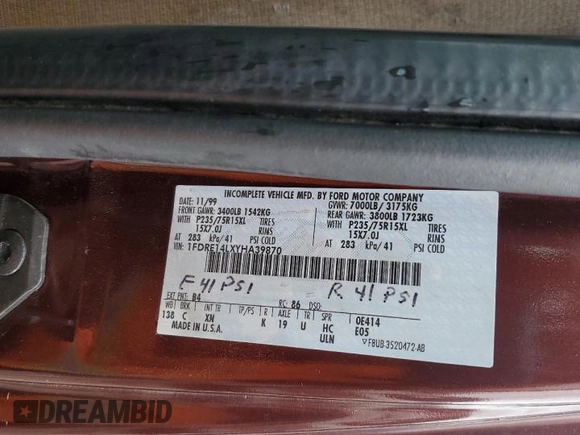 2000 Ford Econoline Cargo Recreational with VIN 1FDRE14LXYHA39870, listed as a Copart auction lot 41824065 with 112,028 mi miles and Salvage title. Bid and sale history available at DreamBid. Image 13.