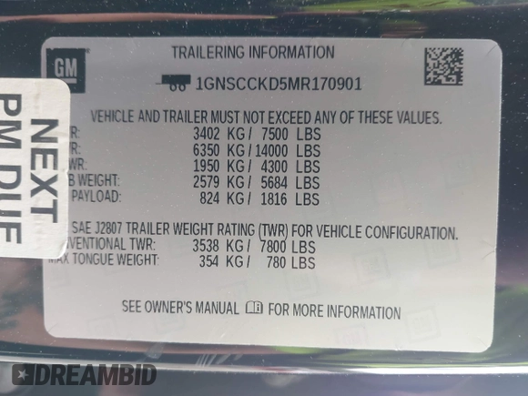 2021 Chevrolet Suburban LT z VIN 1GNSCCKD5MR170901, wystawiony jako IAAI lot #42005533 z przebiegiem 174 410 mil mil oraz . Historia ofert i sprzedaży dostępna na DreamBid. Obrazek 9.
