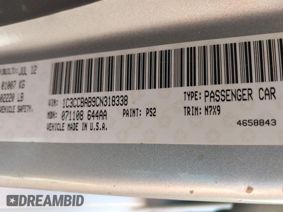 2012 Chrysler 200 LX with VIN 1C3CCBAB9CN318338, listed as a IAAI auction lot 42116991 with 106,572 mi miles and . Bid and sale history available at DreamBid. Image 9.