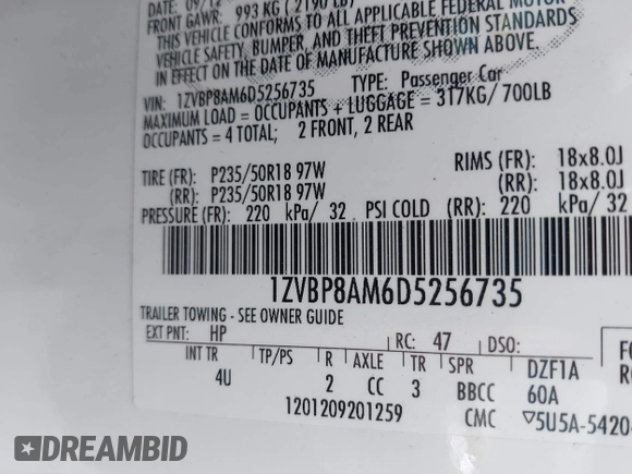 2013 Ford Mustang V6 with VIN 1ZVBP8AM6D5256735, listed as a IAAI auction lot 42322736 with 88,161 mi miles and . Bid and sale history available at DreamBid. Image 9.