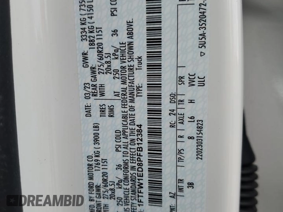 2023 Ford F-150 XL z VIN 1FTFW1ED8PFB12384, wystawiony jako Copart lot #61811455 z przebiegiem 17 664 mil mil oraz Szkoda całkowita • Salvage title. Historia ofert i sprzedaży dostępna na DreamBid. Obrazek 12.