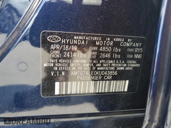 2019 Genesis G70 Advanced with VIN KMTG74LE0KU043856, listed as a Copart auction lot 55921215 with 72,161 mi miles and Non repairable. Bid and sale history available at DreamBid. Image 12.