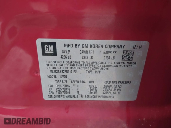 2015 Chevrolet Trax LT with VIN KL7CJLSB2FB117132, listed as a IAAI auction lot 40924586 with 83,170 mi miles. Bid and sale history available at carsss.com. Image 9.