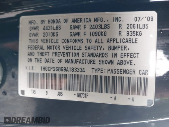 2009 Honda Accord EX-L z VIN 1HGCP26869A183334, wystawiony jako IAAI lot #42151887 z przebiegiem 146 643 mil mil oraz . Historia ofert i sprzedaży dostępna na DreamBid. Obrazek 9.
