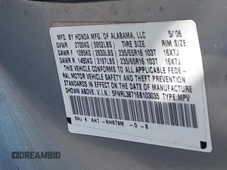 2006 Honda Odyssey EX-L with VIN 5FNRL38716B103035, listed as a IAAI auction lot 42092668 with 264,431 mi miles and . Bid and sale history available at DreamBid. Image 9.