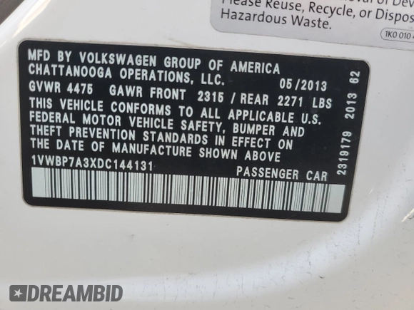 2013 Volkswagen Passat SE w/Sunroof with VIN 1VWBP7A3XDC144131, listed as a Copart auction lot 50754675 with 172,806 mi miles and Salvage Title. Bid and sale history available at carsss.com. Image 12.