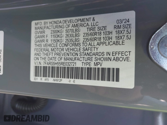 2024 Honda CR-V Sport with VIN 7FARS5H55RE032721, listed as a IAAI auction lot 41669499 with 34,645 mi miles and . Bid and sale history available at DreamBid. Image 9.