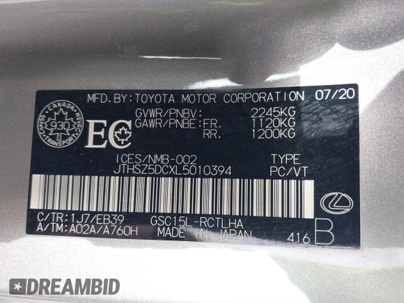 2020 Lexus RC with VIN JTHSZ5DCXL5010394, listed as a IAAI auction lot 41879283 with 22,112 mi miles and . Bid and sale history available at DreamBid. Image 9.