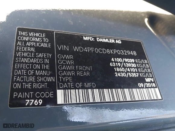 2019 Mercedes-Benz Sprinter Cargo Van with VIN WD4PF0CD8KP032948, listed as a IAAI auction lot 41256136 with 82,017 mi miles. Bid and sale history available at carsss.com. Image 9.