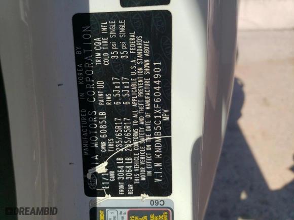 2015 Kia Sedona LX with VIN KNDMB5C1XF6044901, listed as a Copart auction lot 46844775 with 116,659 mi miles and Salvage Title. Bid and sale history available at carsss.com. Image 13.
