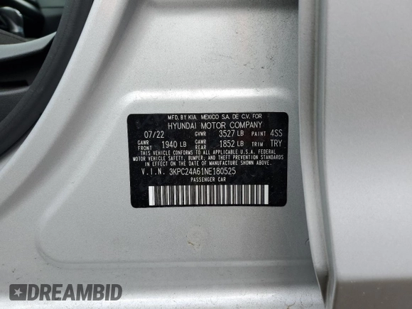 2022 Hyundai Accent SEL with VIN 3KPC24A61NE180525, listed as a Copart auction lot 42200263 with 7,539 mi miles. Bid and sale history available at carsss.com. Image 12.