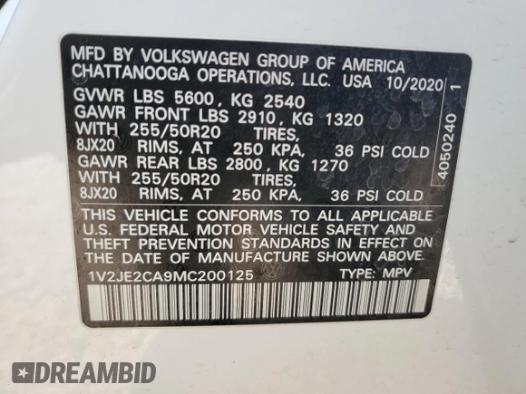 2021 Volkswagen Atlas SE с VIN 1V2JE2CA9MC200125, выставлен на аукционе Copart как лот 45683605 с пробегом 62 625 миль миль и Списание • Salvage title. История ставок и продаж доступна на DreamBid. Изображение 15.