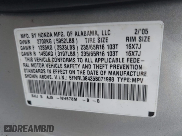 2005 Honda Odyssey EX with VIN 5FNRL38435B071998, listed as a IAAI auction lot 41808601 with 999,999 mi miles. Bid and sale history available at carsss.com. Image 9.