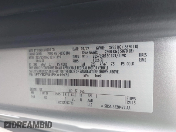 2023 Ford Transit с VIN 1FTYE2Y81PKA15972, выставлен на аукционе IAAI как лот 42692830 с пробегом 51 232 миль миль и . История ставок и продаж доступна на DreamBid. Изображение 9.