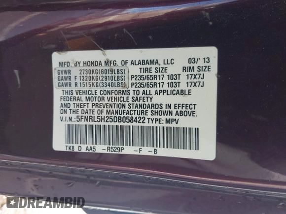 2013 Honda Odyssey LX z VIN 5FNRL5H25DB058422, wystawiony jako IAAI lot #42247200 z przebiegiem 137 053 mil mil oraz . Historia ofert i sprzedaży dostępna na DreamBid. Obrazek 9.