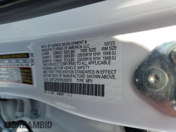 2024 Acura RDX Technology with VIN 5J8TC2H51RL002515, listed as a Copart auction lot 55921675 with 11,150 mi miles and Salvage title. Bid and sale history available at DreamBid. Image 13.
