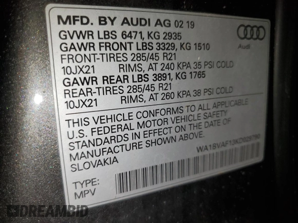 2019 Audi Q8 Premium Plus z VIN WA1BVAF13KD029790, wystawiony jako Copart lot #65627535 z przebiegiem 101 460 mil mil oraz Czysty tytuł • Clean title. Historia ofert i sprzedaży dostępna na DreamBid. Obrazek 13.