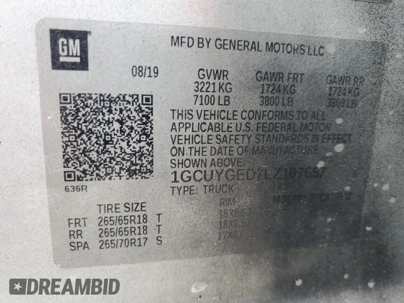 2020 Chevrolet Silverado 1500 LTZ with VIN 1GCUYGED7LZ107657, listed as a Copart auction lot 83054464 with 124,455 mi miles and Salvage Title. Bid and sale history available at DreamBid. Image 12.