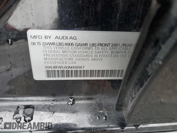 2016 Audi A4 Premium с VIN WAUBFAFL6GN008967, выставлен на аукционе Copart как лот 49188635 с пробегом Не указан миль и Списание • Salvage title. История ставок и продаж доступна на DreamBid. Изображение 13.