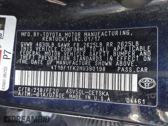 2017 Toyota Camry XLE with VIN 4T1BF1FK2HU390198, listed as a IAAI auction lot 41895229 with 132,216 mi miles. Bid and sale history available at carsss.com. Image 9.