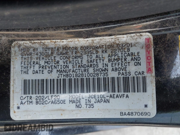 2001 Lexus IS 300/350 z VIN JTHBD182810028735, wystawiony jako IAAI lot #41863236 z przebiegiem 209 175 mil mil oraz . Historia ofert i sprzedaży dostępna na DreamBid. Obrazek 9.
