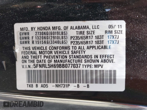 2011 Honda Odyssey EX-L с VIN 5FNRL5H69BB077037, выставлен на аукционе IAAI как лот 42267856 с пробегом 148 681 миль миль и . История ставок и продаж доступна на DreamBid. Изображение 9.