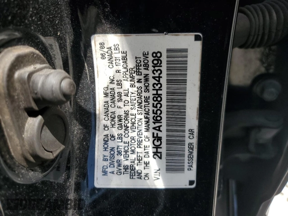 2008 Honda Civic LX with VIN 2HGFA16558H343198, listed as a Copart auction lot 52745625 with 217,403 mi miles and Salvage Title. Bid and sale history available at DreamBid. Image 14.