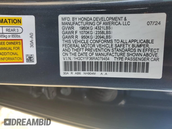 2024 Honda Accord EX с VIN 1HGCY1F36RA079454, выставлен на аукционе Copart как лот 55356185 с пробегом 15 640 миль миль и Списание • Salvage title. История ставок и продаж доступна на DreamBid. Изображение 12.