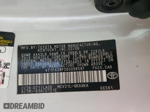 2006 Toyota Solara SE with VIN 4T1FA38P26U098097, listed as a Copart auction lot 62849745 with 259,641 mi miles and Salvage title. Bid and sale history available at DreamBid. Image 12.