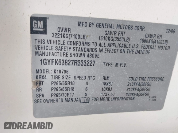 2007 Cadillac Escalade z VIN 1GYFK63827R333227, wystawiony jako IAAI lot #42253138 z przebiegiem 111 592 mil mil oraz . Historia ofert i sprzedaży dostępna na DreamBid. Obrazek 9.