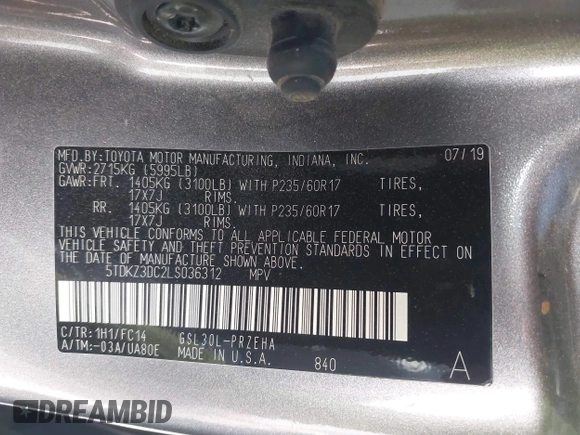 2020 Toyota Sienna LE Auto Access Seat with VIN 5TDKZ3DC2LS036312, listed as a IAAI auction lot 42307857 with 107,653 mi miles and . Bid and sale history available at DreamBid. Image 9.