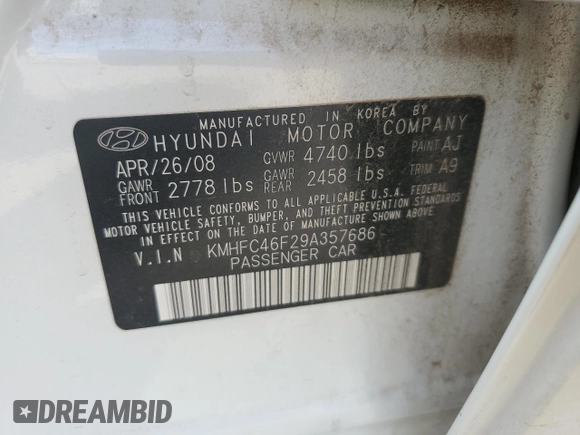 2009 Hyundai Azera Limited with VIN KMHFC46F29A357686, listed as a Copart auction lot 50432315 with 48,602 mi miles and Salvage Title. Bid and sale history available at DreamBid. Image 14.