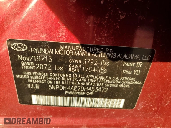 2013 Hyundai Elantra GLS with VIN 5NPDH4AE7DH453472, listed as a Copart auction lot 44584855 with 114,203 mi miles and Non repairable. Bid and sale history available at DreamBid. Image 12.