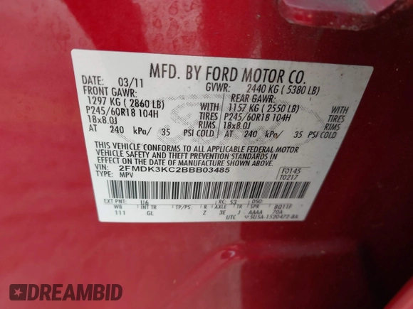 2011 Ford Edge Limited with VIN 2FMDK3KC2BBB03485, listed as a IAAI auction lot 41326162 with 223,607 mi miles. Bid and sale history available at carsss.com. Image 9.